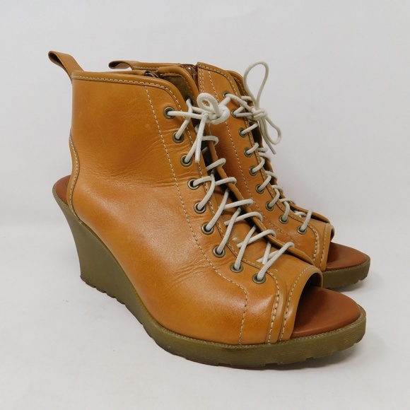 Dr. Martens Shoes - Dr. Martens Tan Lace-Up Peep-Toe Wedge Boots